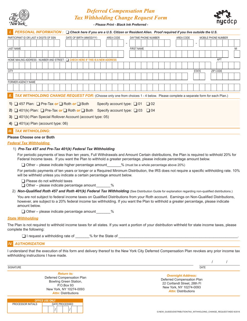 New York Deferred Compensation Plan Tax Withholding Change Request Form