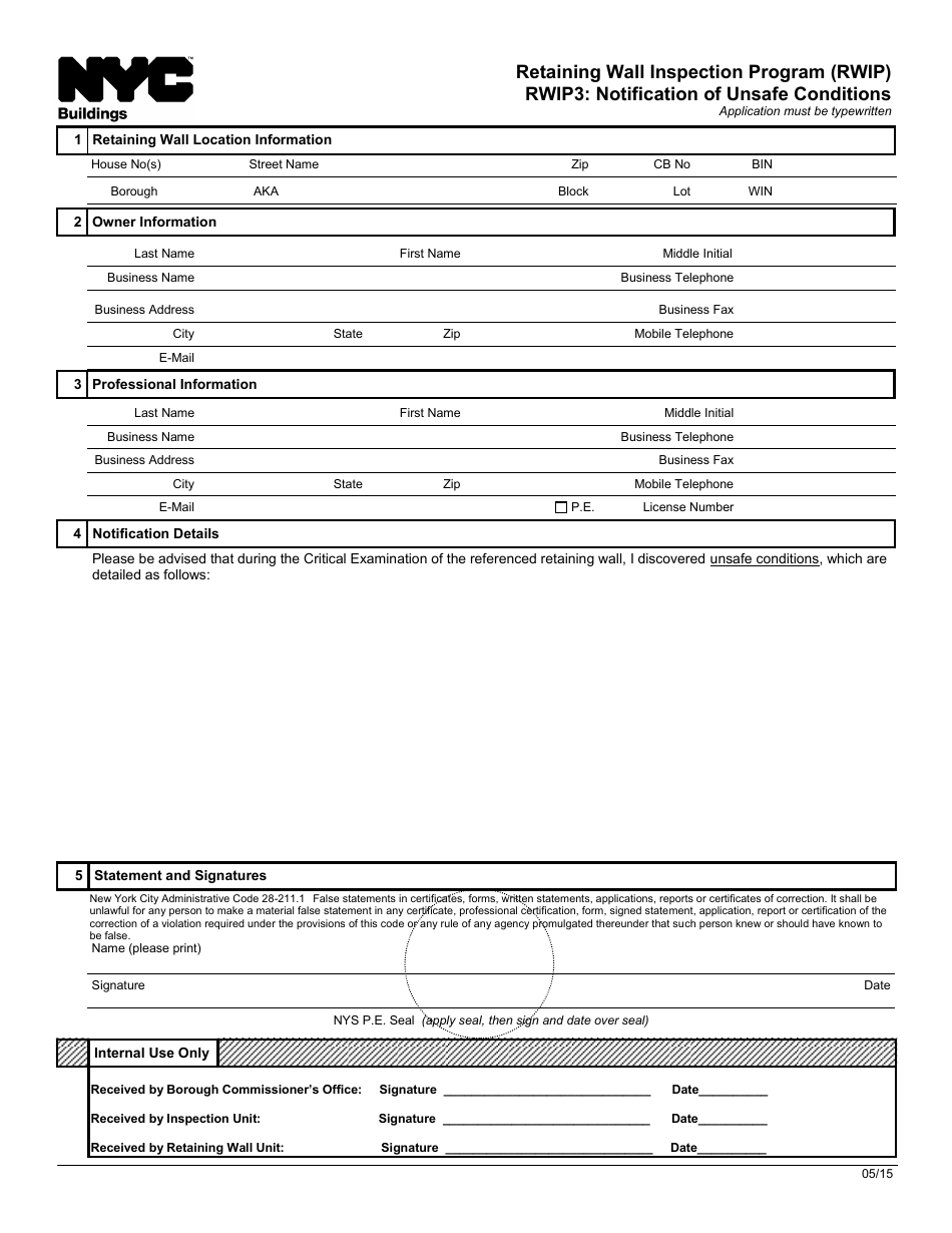 Form RWIP3 Notification of Unsafe Conditions - Retaining Wall Inspection Program (Rwip) - New York City, Page 1