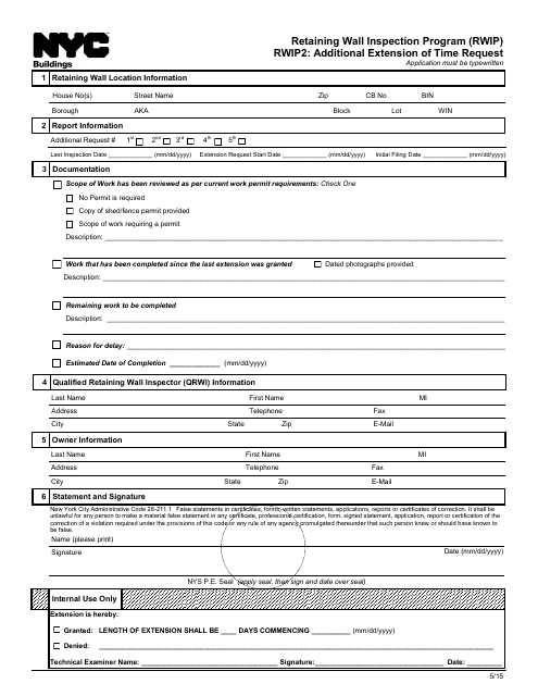 Form RWIP2 Additional Extension of Time Request - Retaining Wall Inspection Program (Rwip) - New York City