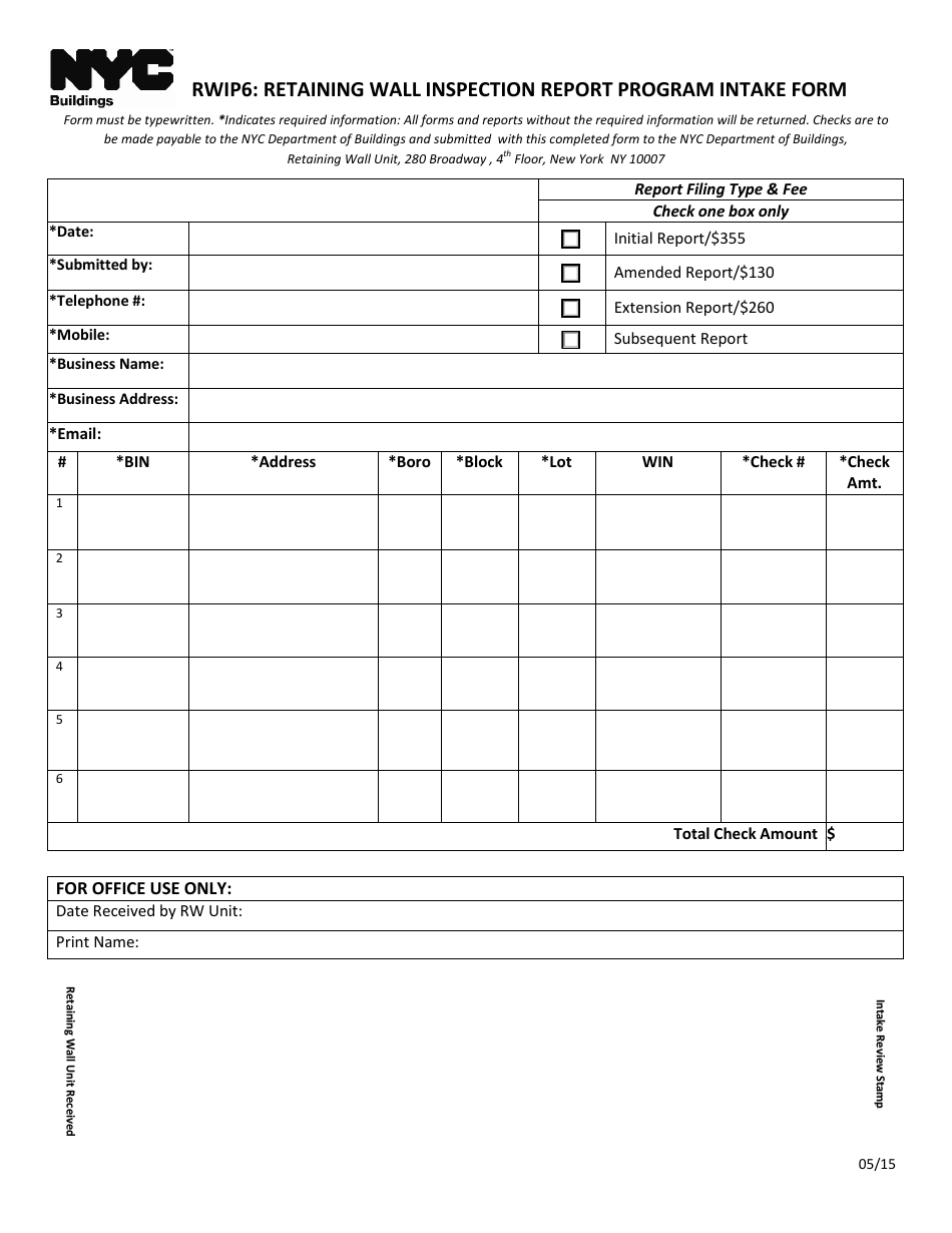 Form RWIP6 Retaining Wall Inspection Report Program Intake Form - New York City, Page 1