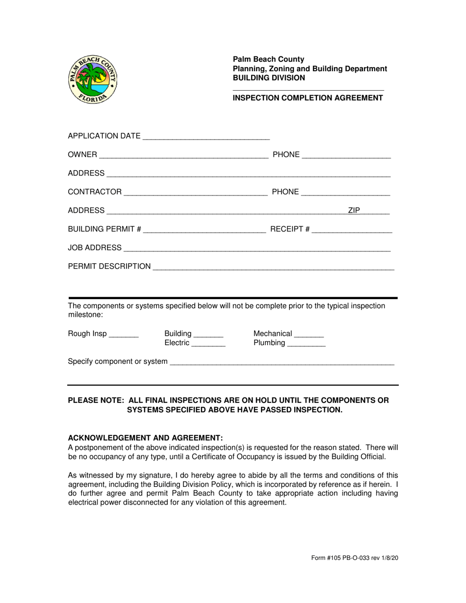 Form 105 Inspection Completion Agreement - Palm Beach County, Florida, Page 1