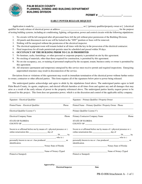 Form PB-O-008 Attachment A Early Power Release Request - Palm Beach County, Florida