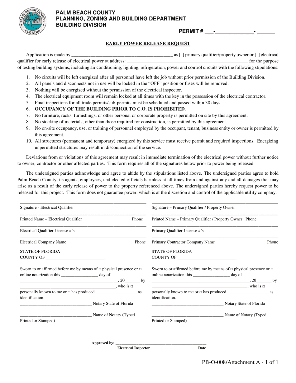 Form PB-O-008 Attachment A Early Power Release Request - Palm Beach County, Florida, Page 1