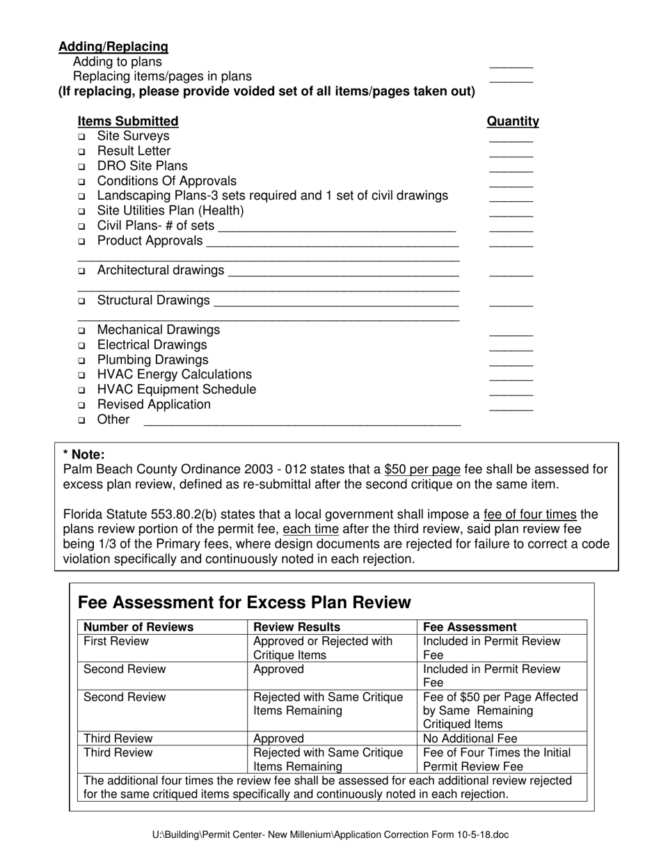 Palm Beach County, Florida Permit Application Corrections Routing Form