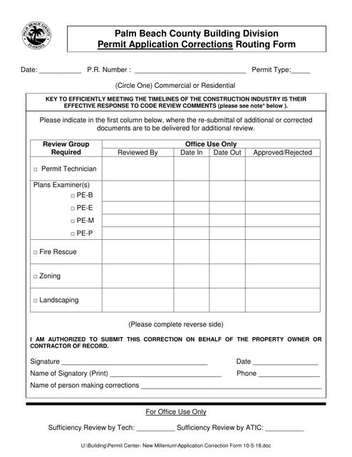 Permit Application Corrections Routing Form - Palm Beach County, Florida Download Pdf