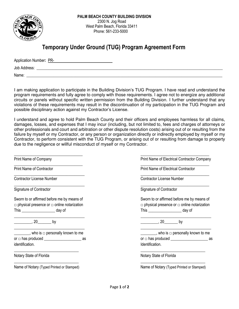 Temporary Under Ground (Tug) Program Agreement Form - Palm Beach County, Florida, Page 1