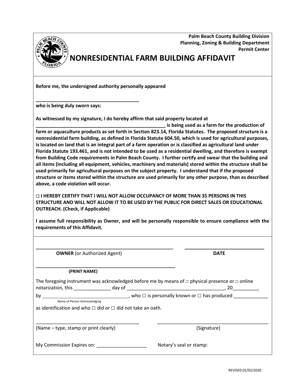 Nonresidential Farm Building Affidavit - Palm Beach County, Florida, Page 1