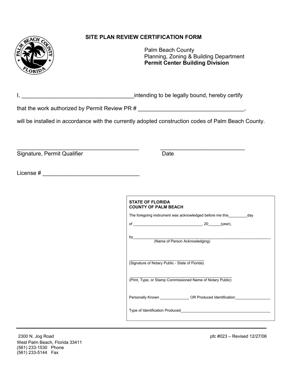 Form 023 Site Plan Review Certification Form - Palm Beach County, Florida, Page 1