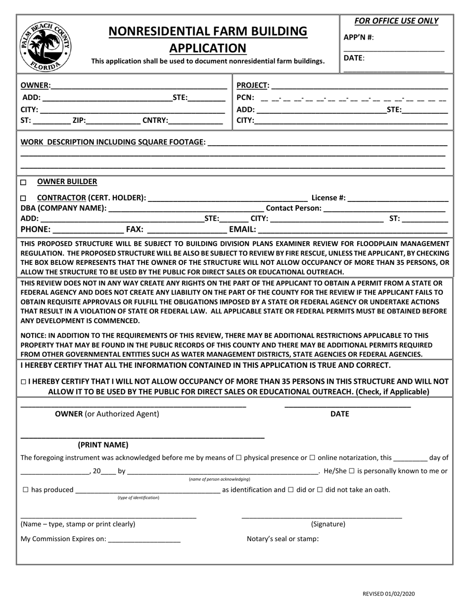 Nonresidential Farm Building Application - Palm Beach County, Florida, Page 1