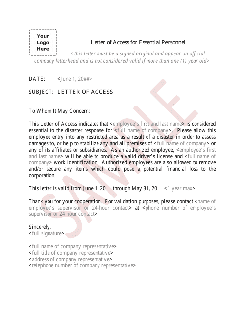 Letter of Access for Essential Personnel - Sample - Palm Beach County, Florida Download Pdf