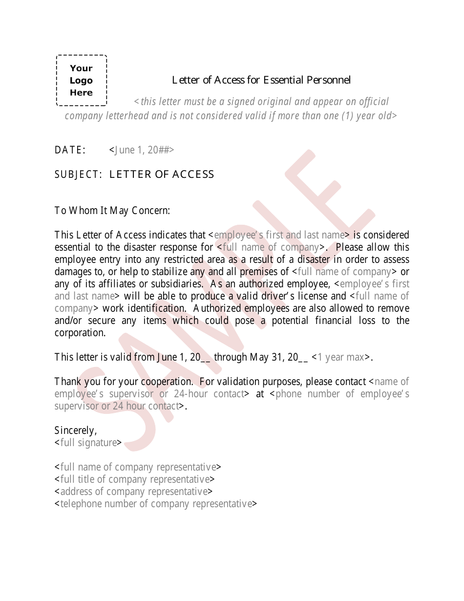 Letter of Access for Essential Personnel - Sample - Palm Beach County, Florida, Page 1