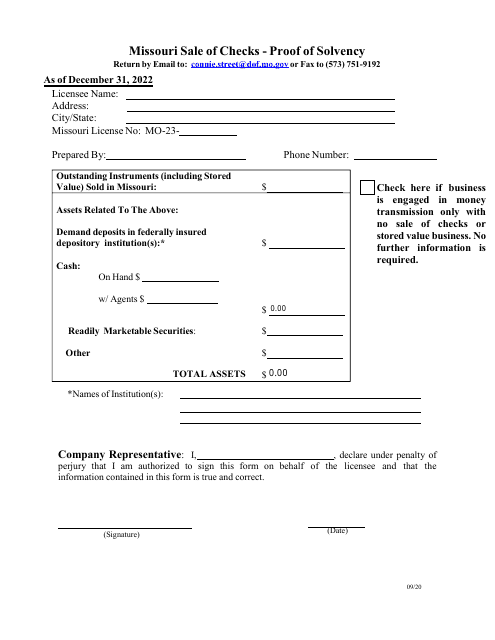 Missouri Sale of Checks - Proof of Solvency - Missouri