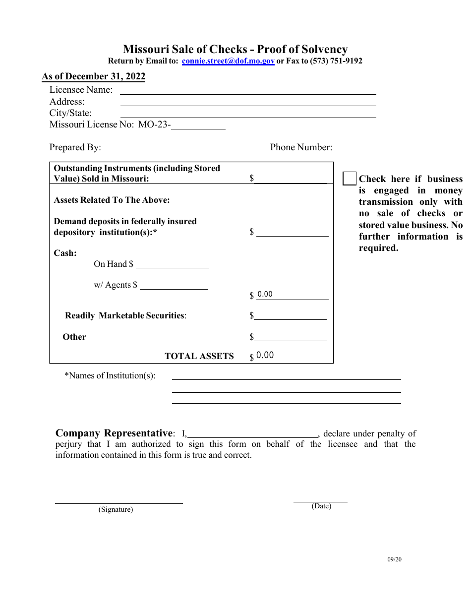 Missouri Missouri Sale of Checks Proof of Solvency Fill Out, Sign