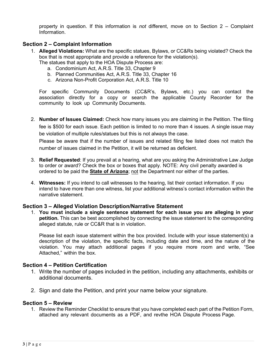 Homeowners Association (Hoa) Dispute Process Petition - Arizona, Page 3