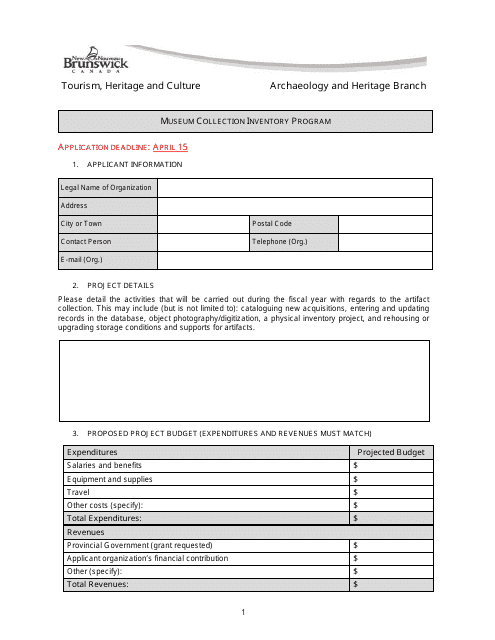 Museum Collection Inventory Program Application - New Brunswick, Canada Download Pdf