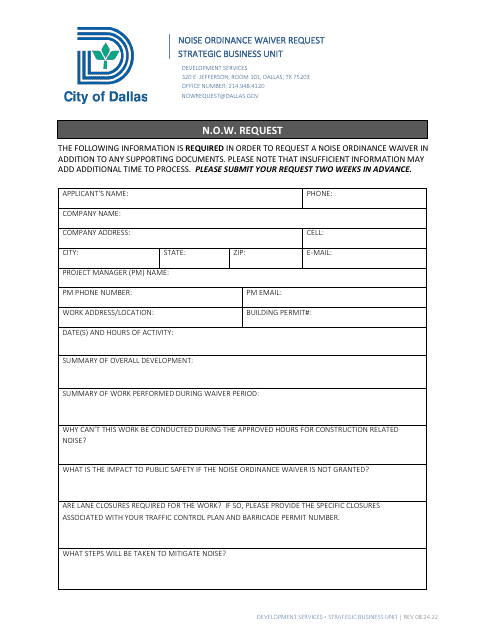 Noise Ordinance Waiver Request - City of Dallas, Texas Download Pdf