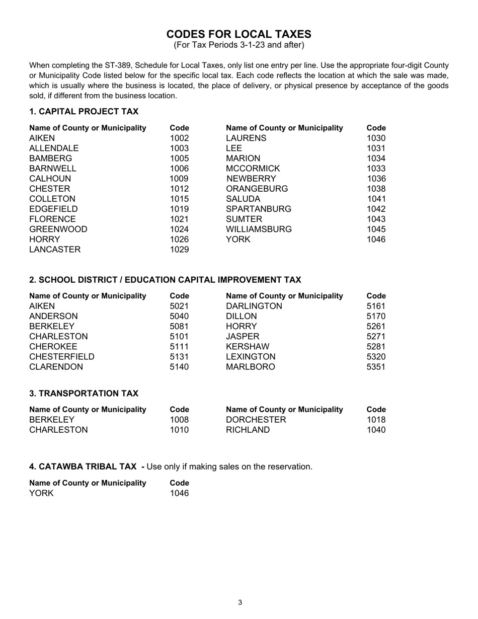 Instructions for Form ST-389 Schedule for Local Taxes - South Carolina, Page 3
