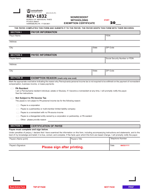 Form REV-1832 Nonresident Withholding Exemption Certificate - Pennsylvania