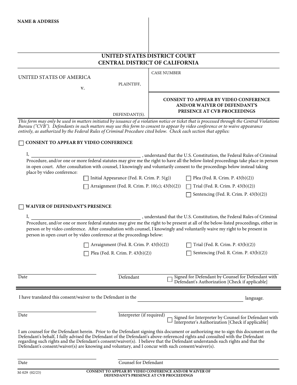 Form M-029 Consent to Appear by Video Conference and / or Waiver of Defendants Presence at Cvb Proceedings - California, Page 1