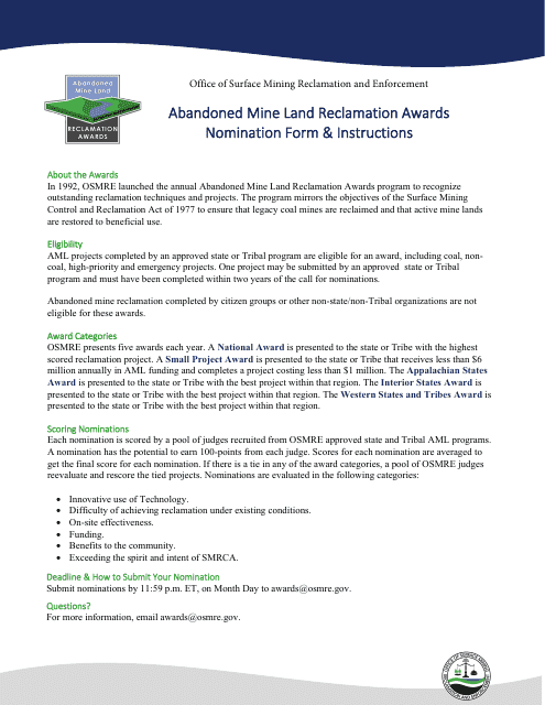 Abandoned Mine Land Reclamation Awards Nomination Form Download Pdf