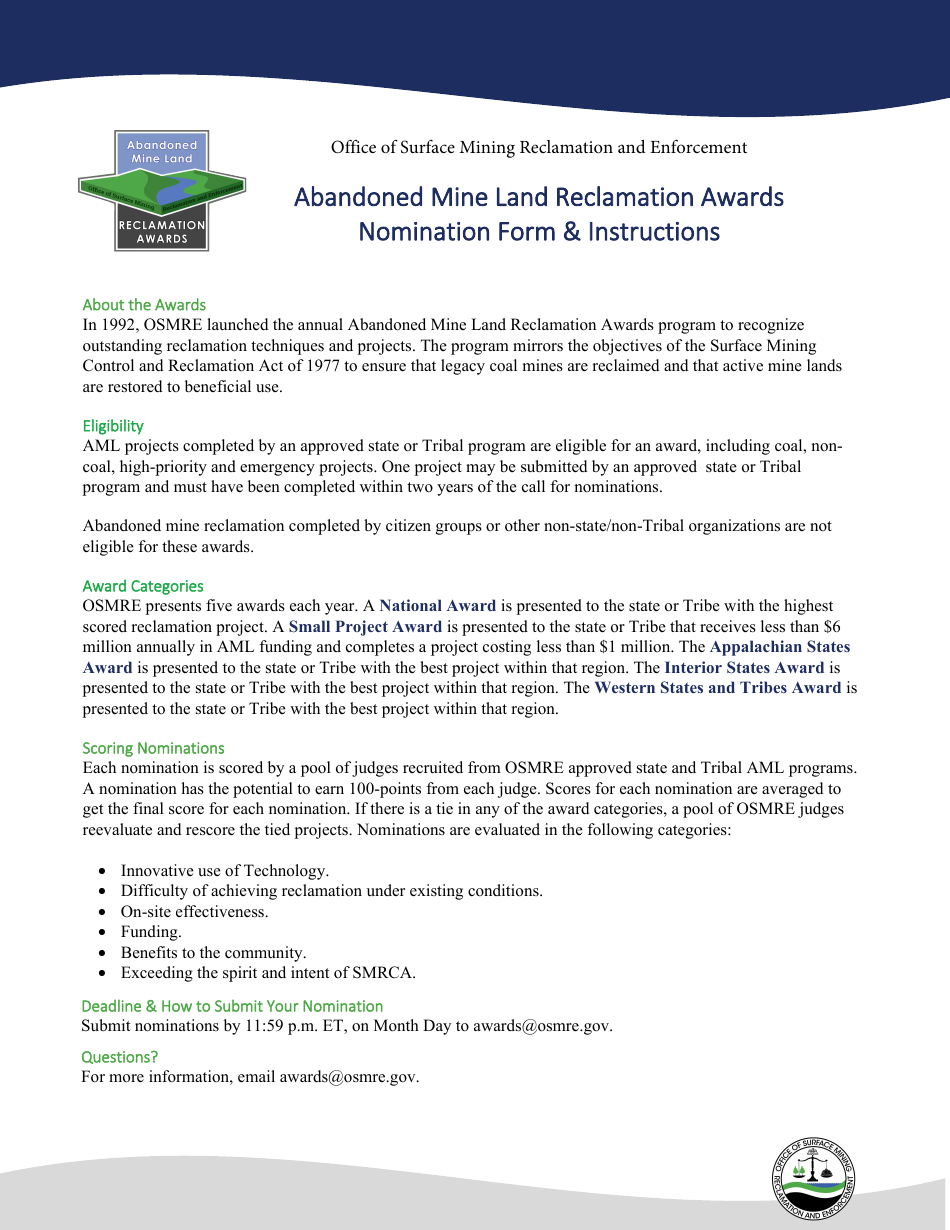 Abandoned Mine Land Reclamation Awards Nomination Form, Page 1