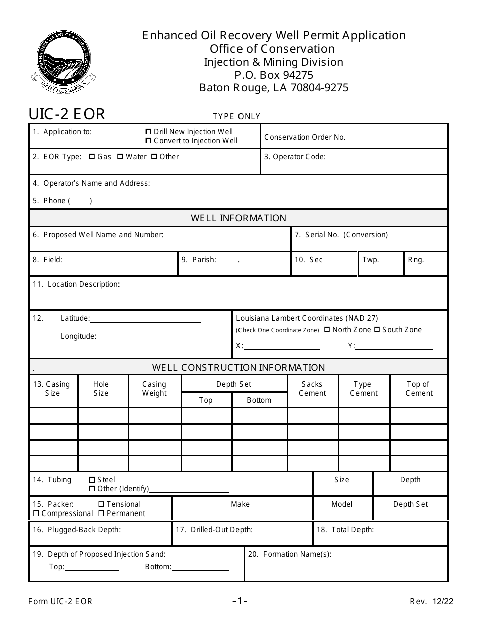 Form UIC-2 EOR Enhanced Oil Recovery Well Permit Application - Louisiana, Page 1