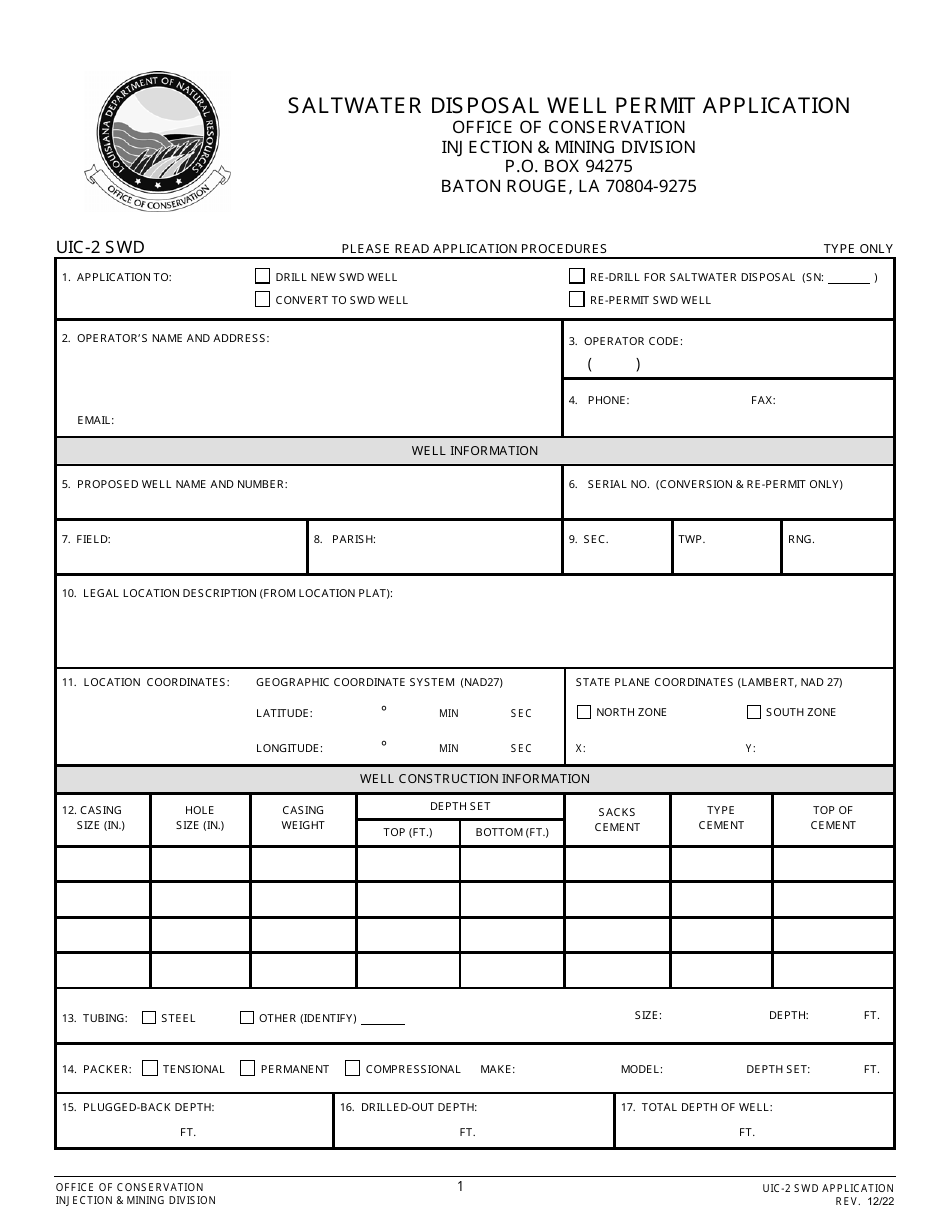 Form UIC-2 SWD Saltwater Disposal Well Permit Application - Louisiana, Page 1