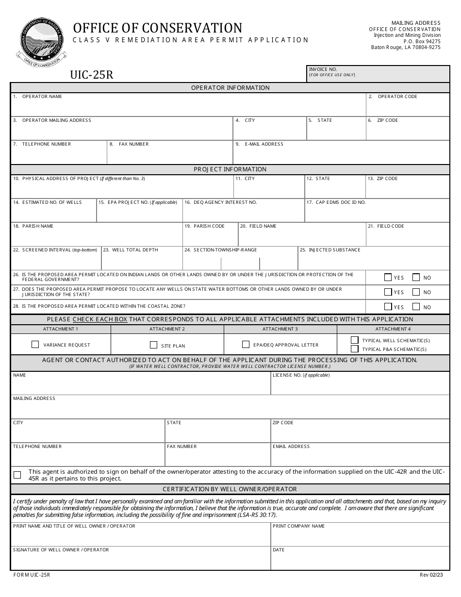 Form UIC-25R Class V Remediation Area Permit Application - Louisiana, Page 1