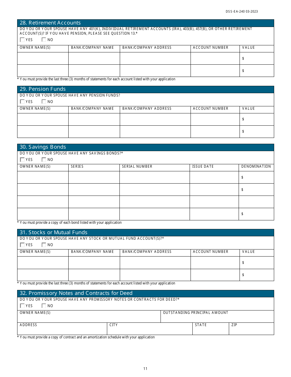Form DSS-EA-240 Application for Resource Assessment, Long-Term Care, or Other Related Medical Assistance - South Dakota, Page 11