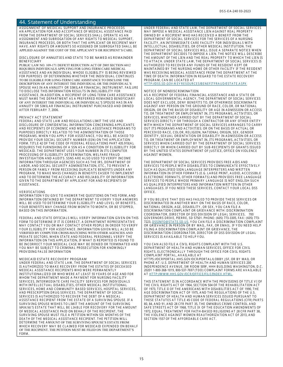 Form DSS-EA-240 Application for Resource Assessment, Long-Term Care, or Other Related Medical Assistance - South Dakota, Page 15