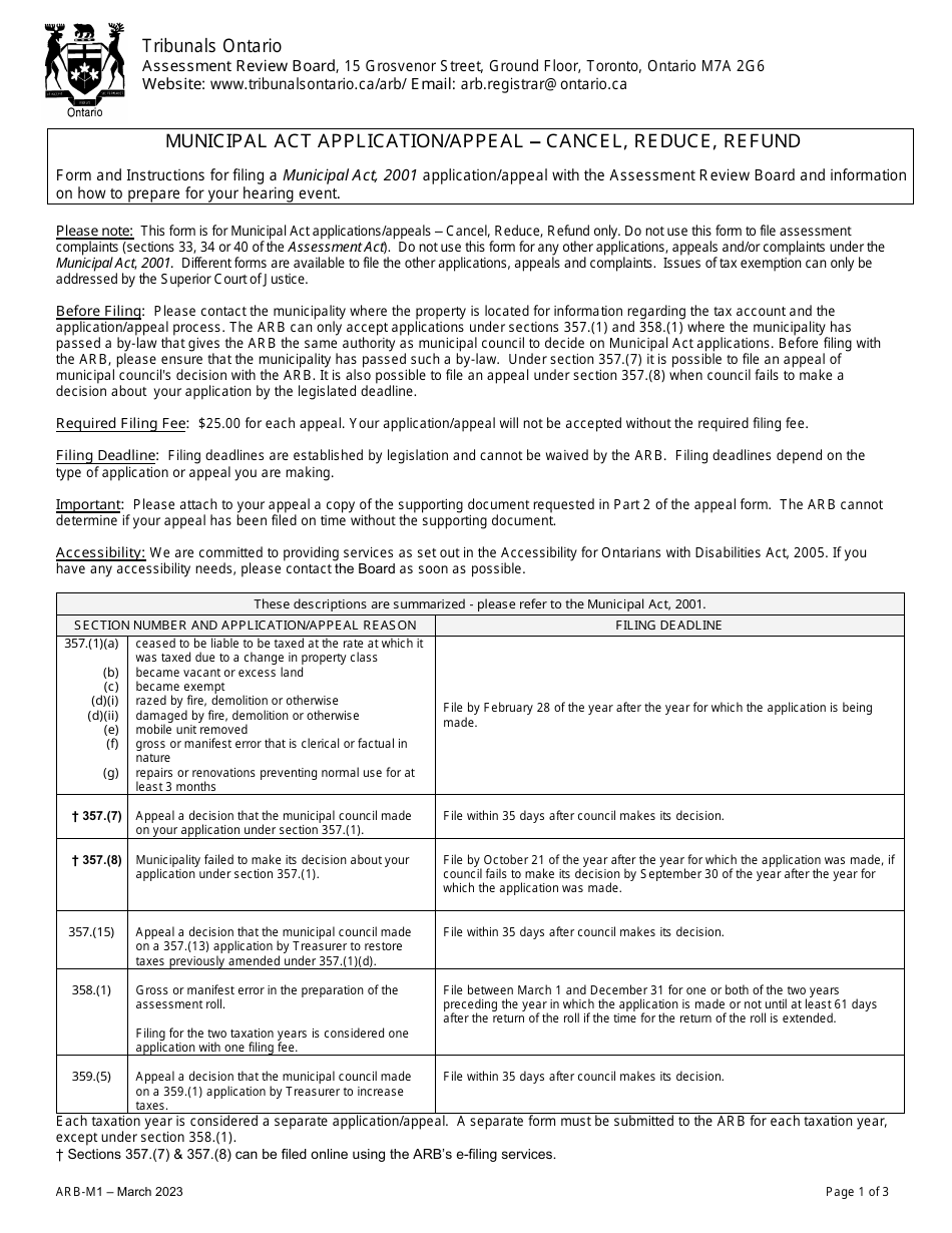 Form ARB-M1 Municipal Act Application / Appeal - Cancel, Reduce, Refund - Ontario, Canada, Page 1