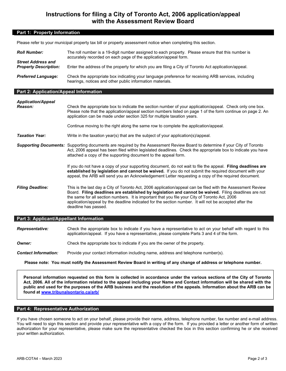 Form ARB-COTA4 City of Toronto Act Application / Appeal - Cancel, Reduce, Refund - Ontario, Canada, Page 2