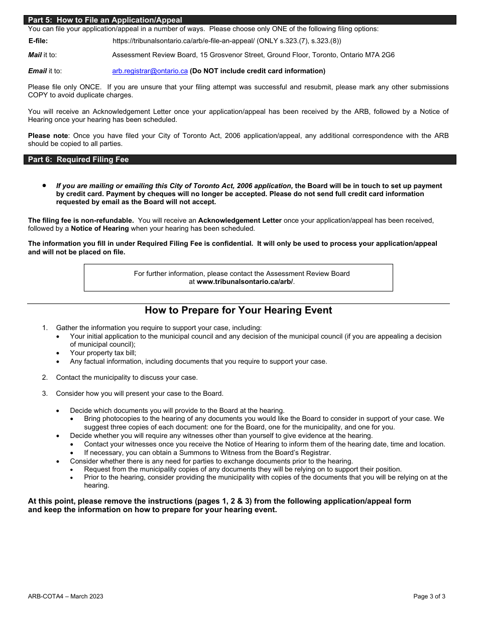 Form ARB-COTA4 City of Toronto Act Application / Appeal - Cancel, Reduce, Refund - Ontario, Canada, Page 3