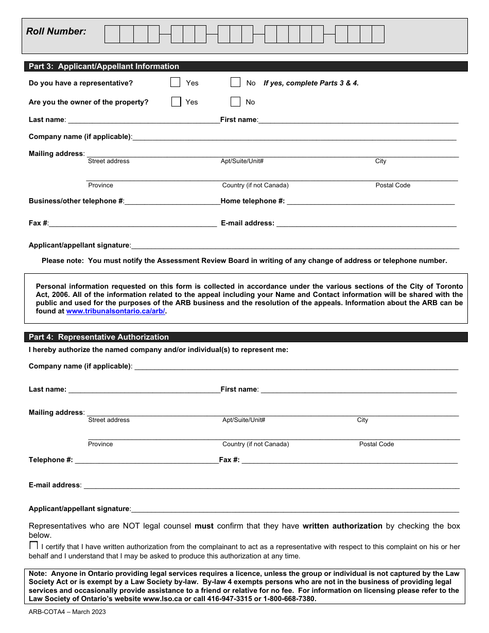 Form ARB-COTA4 City of Toronto Act Application / Appeal - Cancel, Reduce, Refund - Ontario, Canada, Page 6