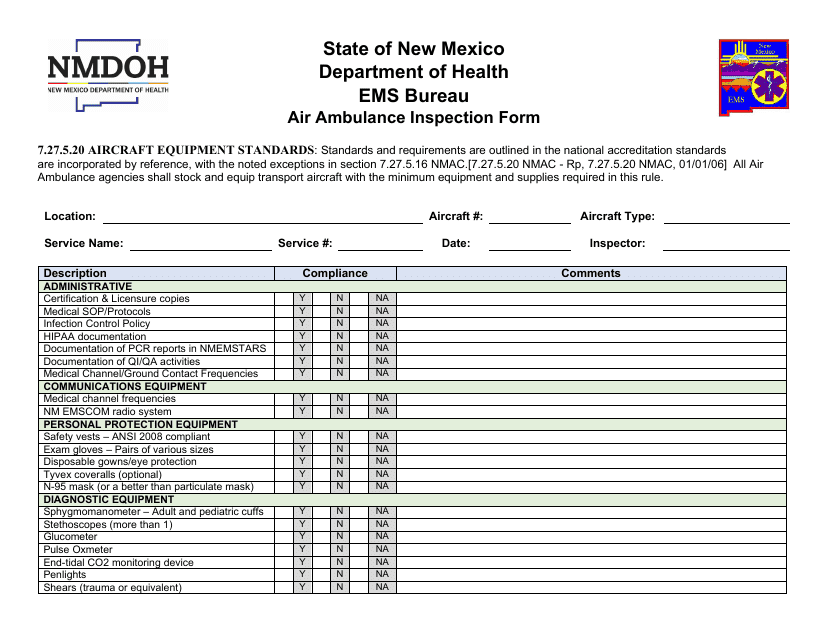 Air Ambulance Inspection Form - New Mexico Download Pdf
