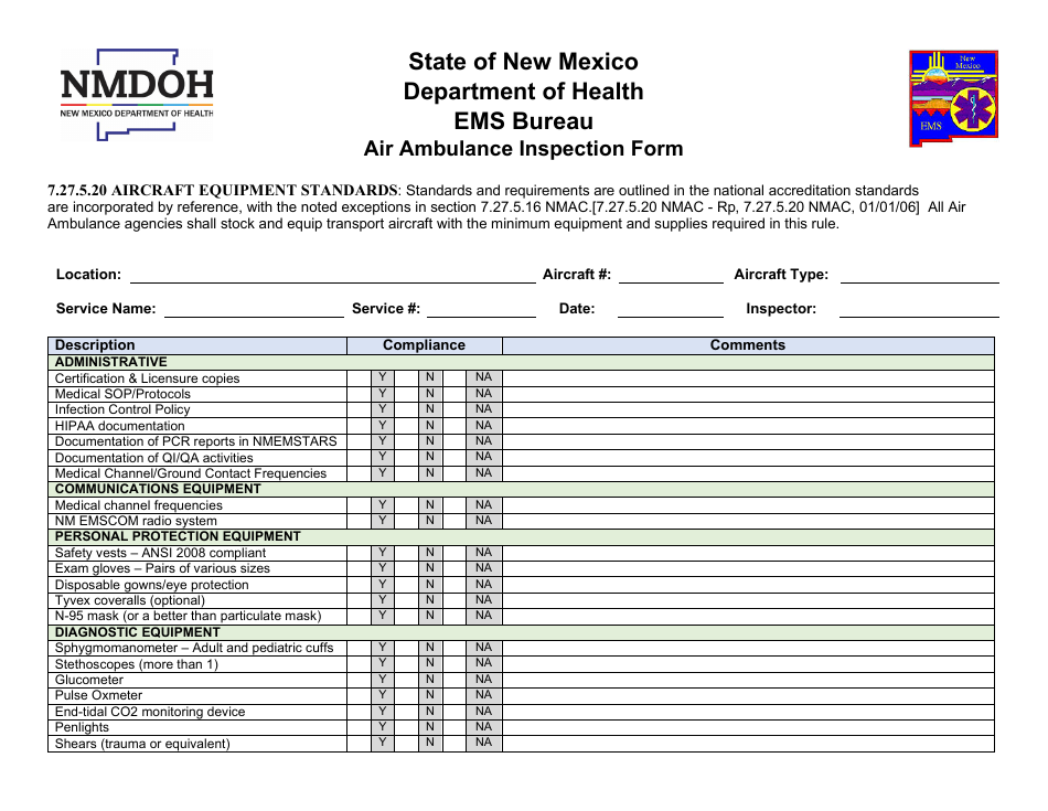 Air Ambulance Inspection Form - New Mexico, Page 1