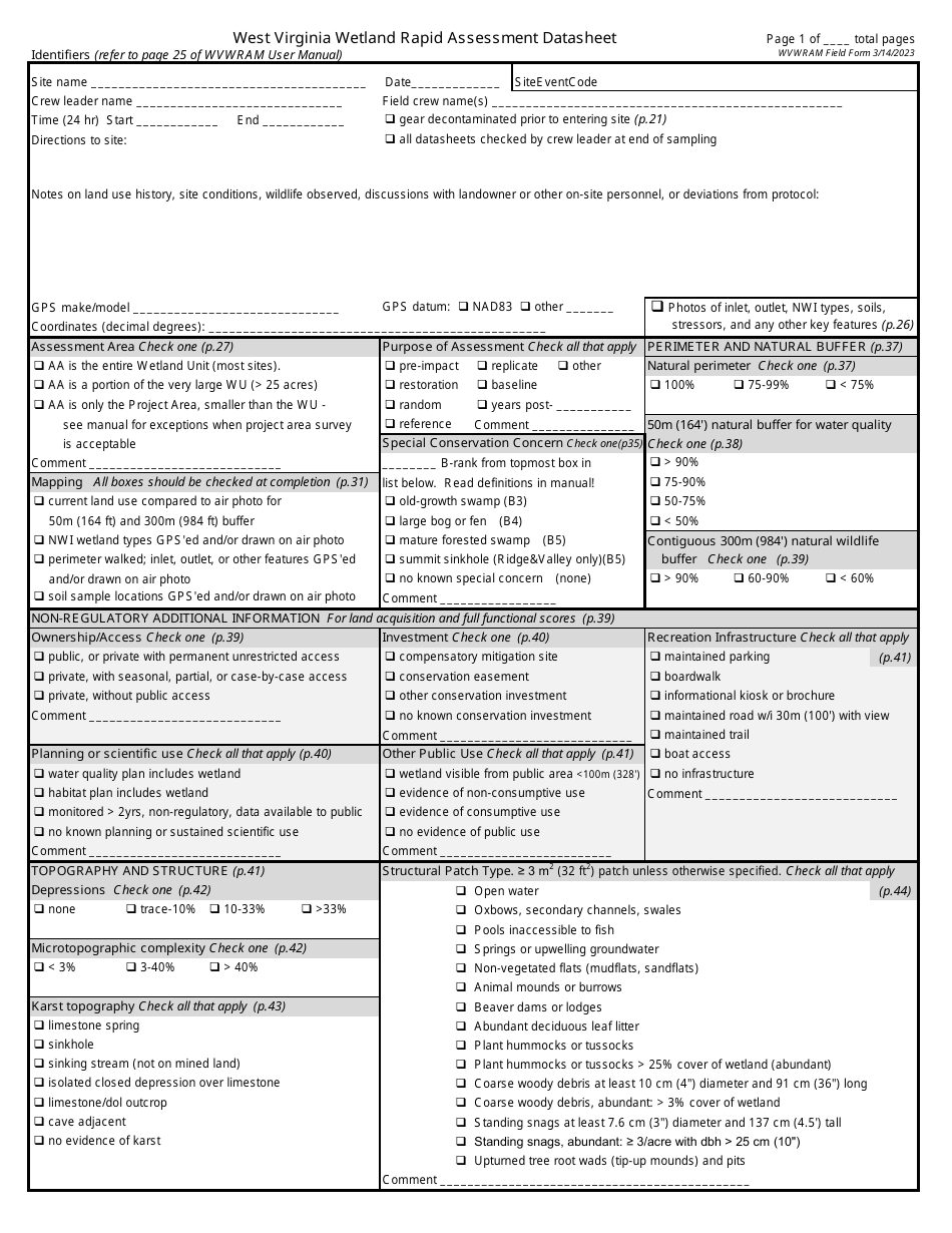 West Virginia Wetland Rapid Assessment Datasheet - West Virginia, Page 1