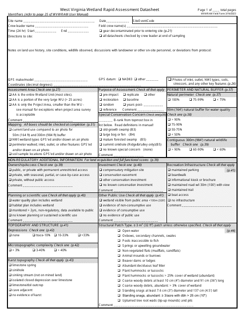 West Virginia West Virginia Wetland Rapid Assessment Datasheet - Fill ...