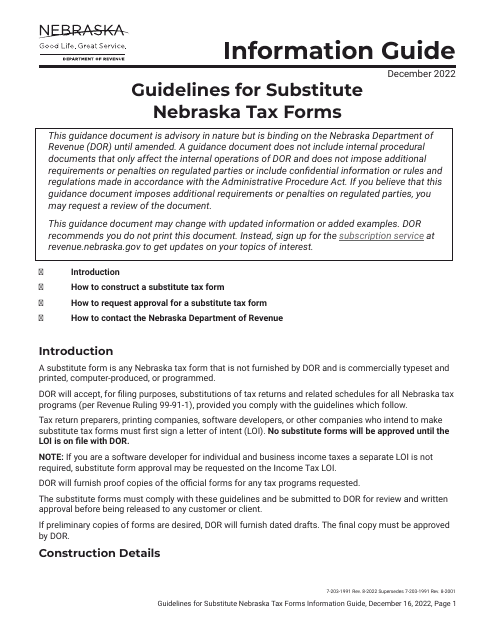 Letter of Intent to Abide by the Guidelines for Substitute Nebraska Tax Forms - Nebraska Download Pdf
