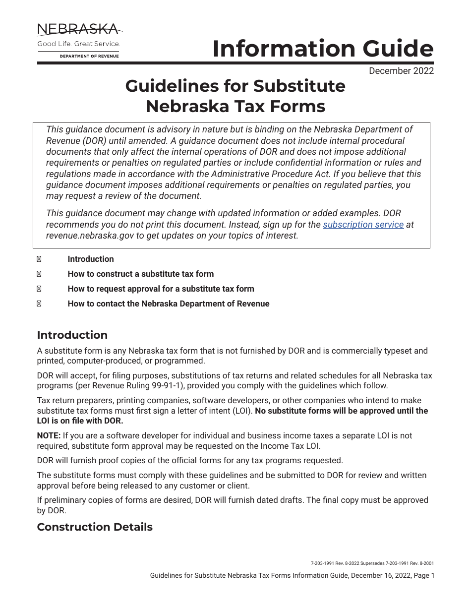 Nebraska Letter of Intent to Abide by the Guidelines for Substitute
