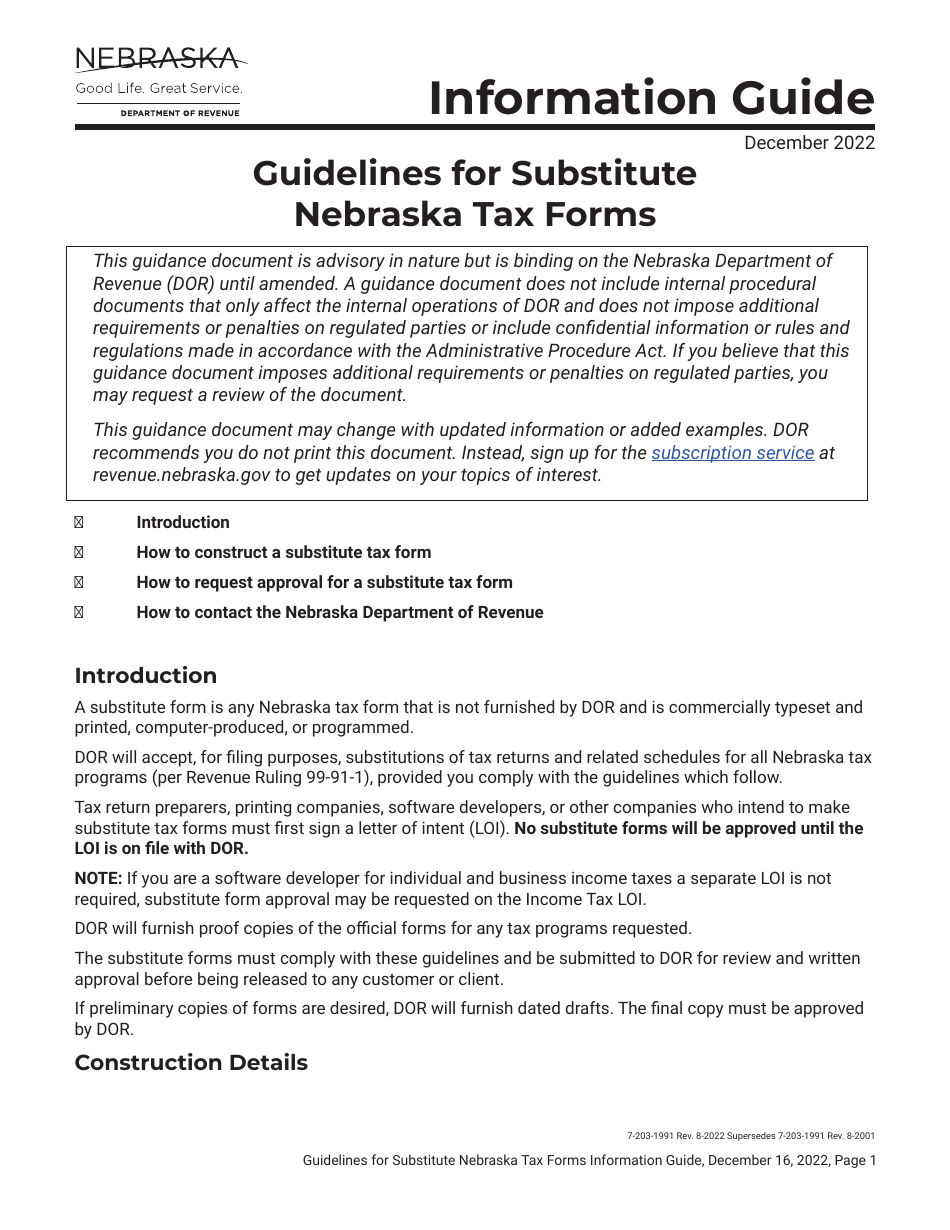Letter of Intent to Abide by the Guidelines for Substitute Nebraska Tax Forms - Nebraska, Page 1