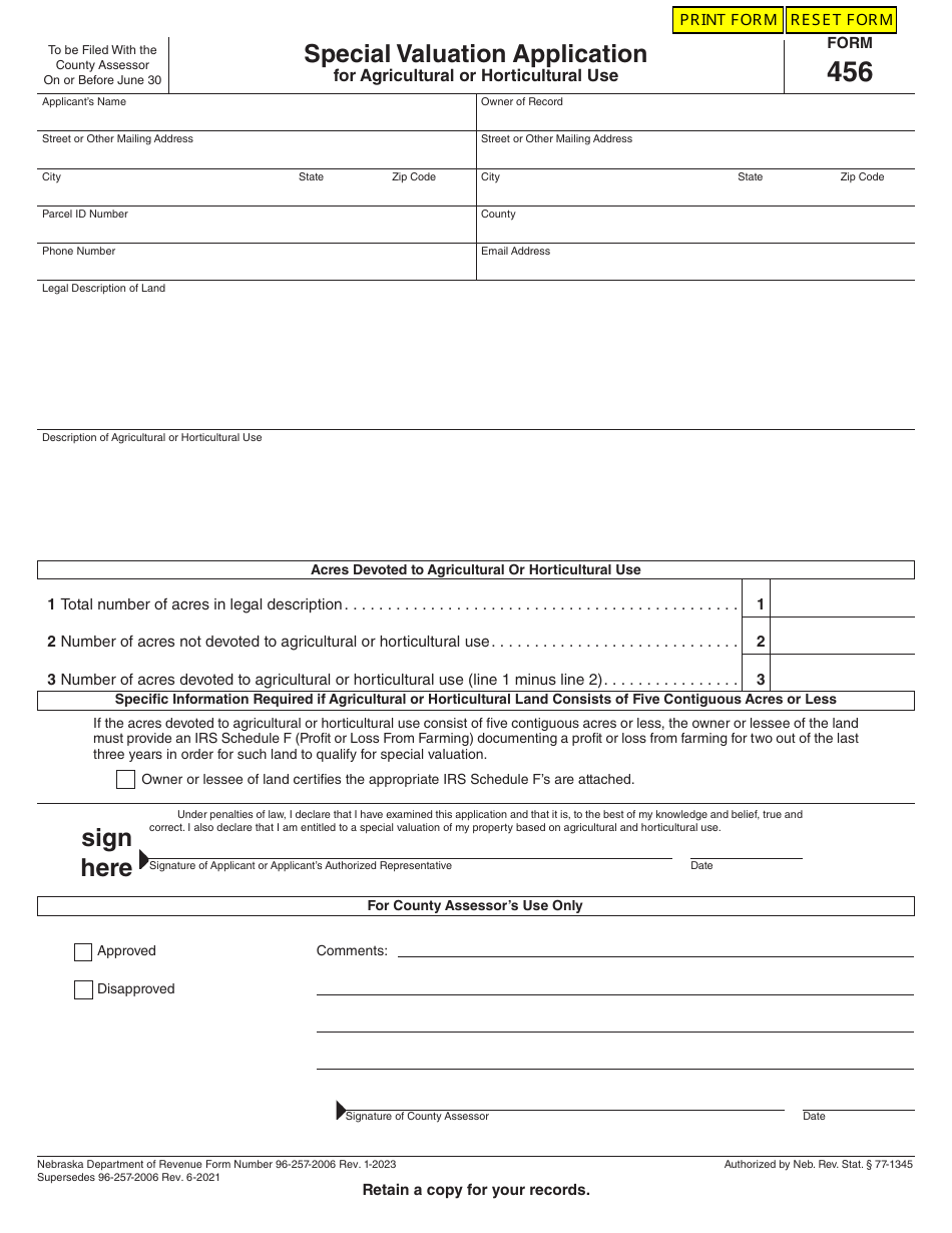Form 456 Special Valuation Application for Agricultural or Horticultural Use - Nebraska, Page 1
