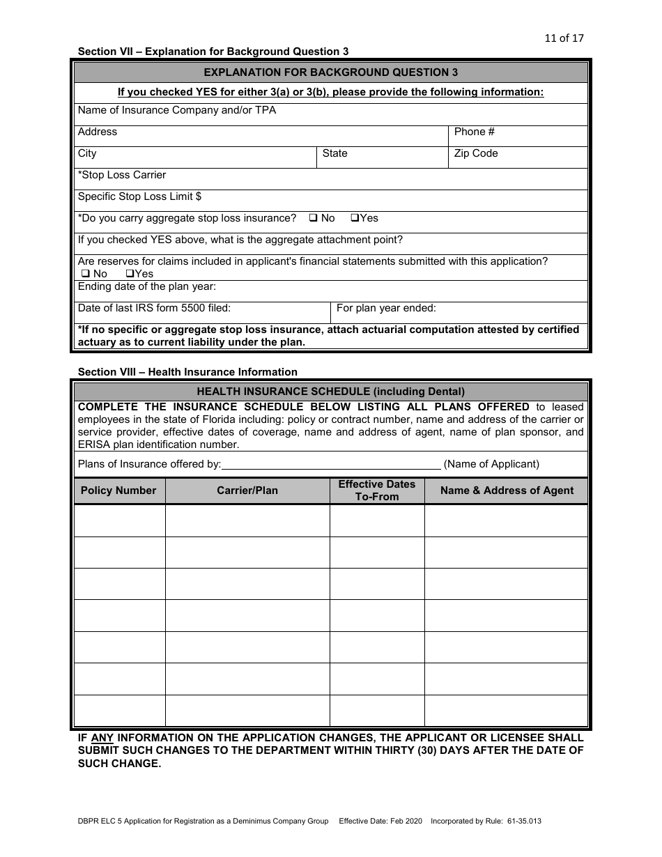 Form DBPR ELC5 Application for Registration as a Deminimus Employee Leasing Company Group - Florida, Page 11