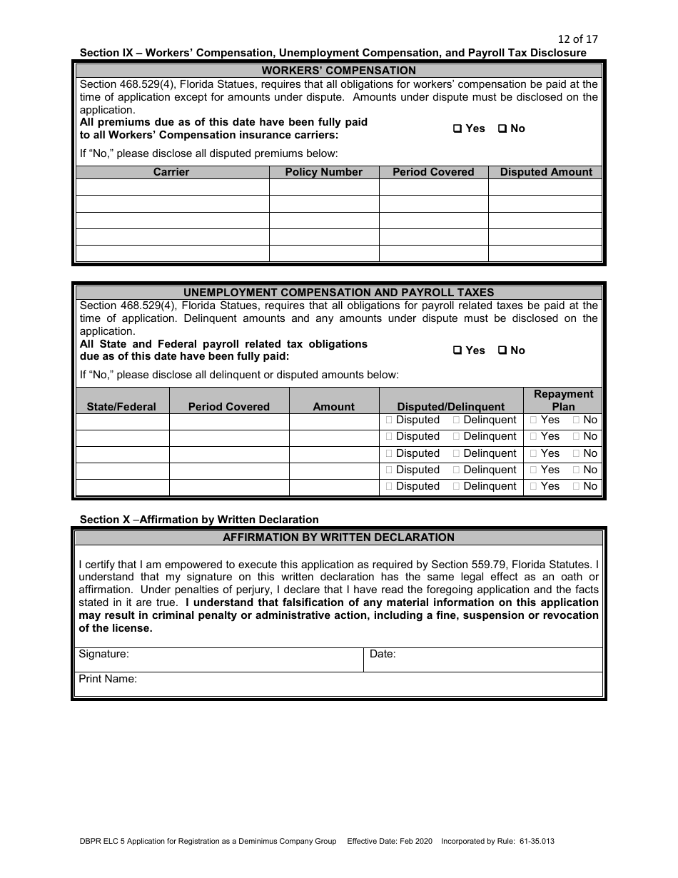 Form DBPR ELC5 Application for Registration as a Deminimus Employee Leasing Company Group - Florida, Page 12