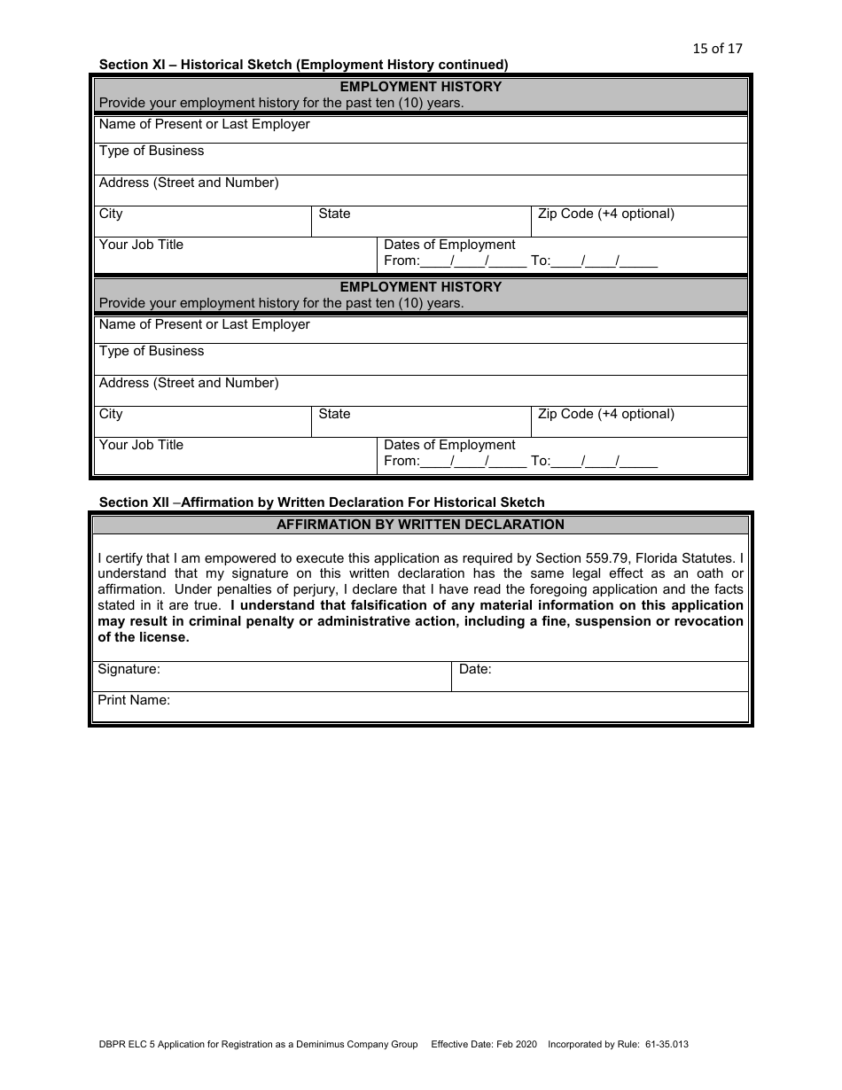 Form DBPR ELC5 Application for Registration as a Deminimus Employee Leasing Company Group - Florida, Page 15