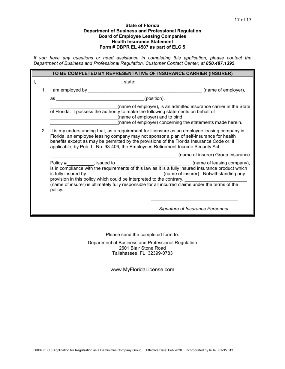 Form DBPR ELC5 Application for Registration as a Deminimus Employee Leasing Company Group - Florida, Page 17