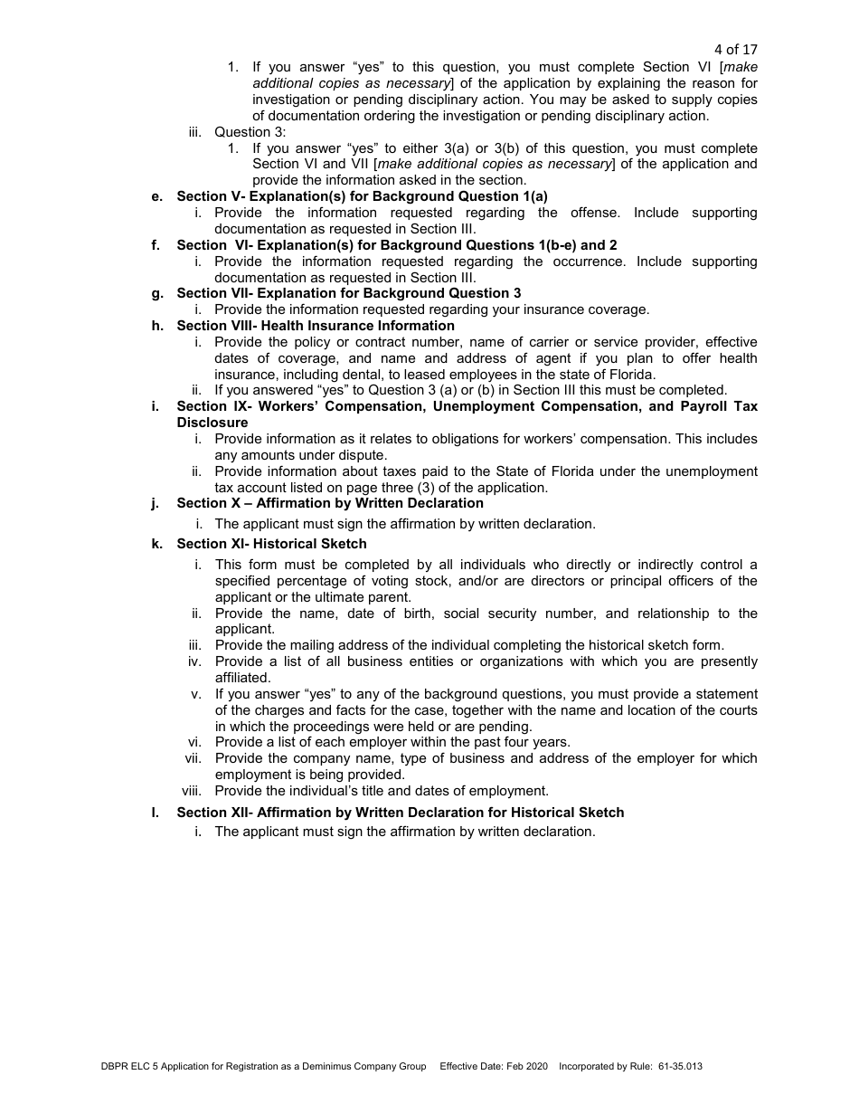 Form DBPR ELC5 Application for Registration as a Deminimus Employee Leasing Company Group - Florida, Page 4
