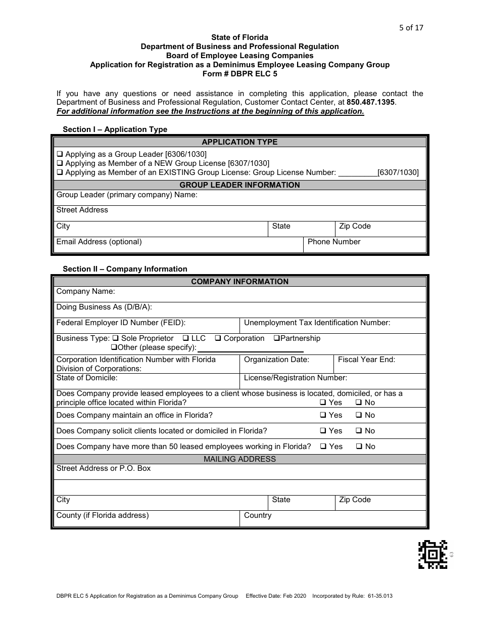 Form DBPR ELC5 Application for Registration as a Deminimus Employee Leasing Company Group - Florida, Page 5