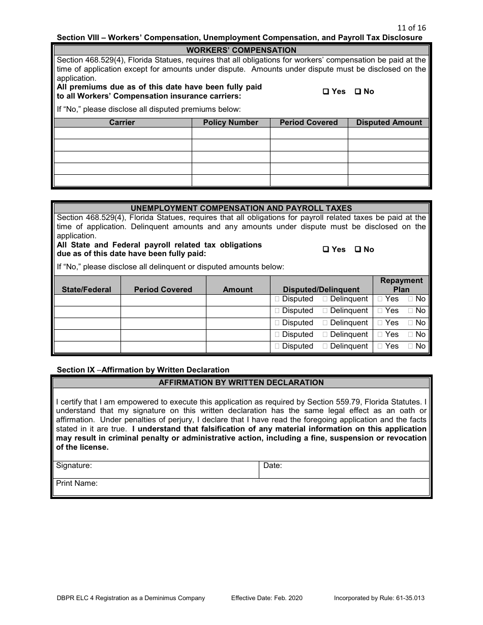 Form DBPR ELC4 Application for Registration as a Deminimus Employee Leasing Company - Florida, Page 11