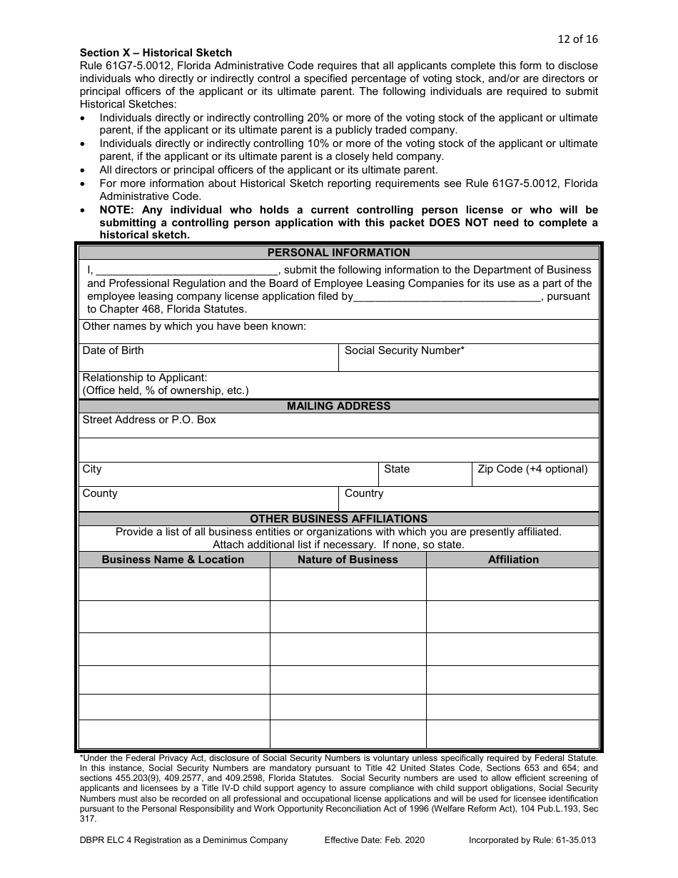 Form DBPR ELC4 Application for Registration as a Deminimus Employee Leasing Company - Florida, Page 12